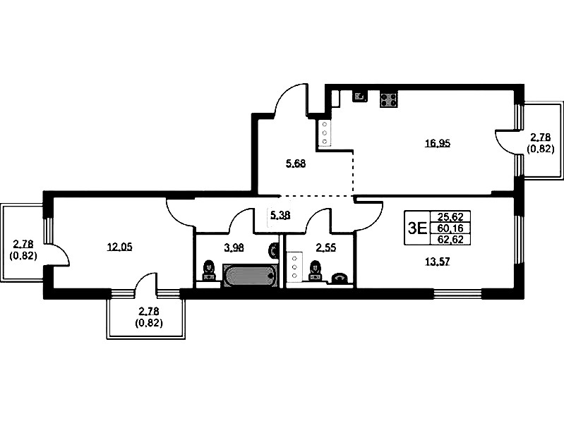 2-комнатная квартира 62.62 м², 4/11 эт., ЖК «Новое Колпино»
